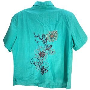 AKC Top Womens Plus 1X Green Embroidered Floral Short Sleeves Linen Blend
